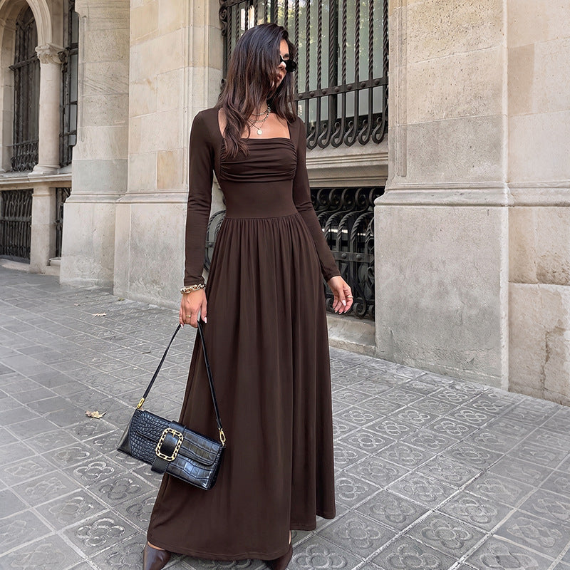 Women's Simple Retro Solid Color Square Collar Pleated Long Sleeve Dress