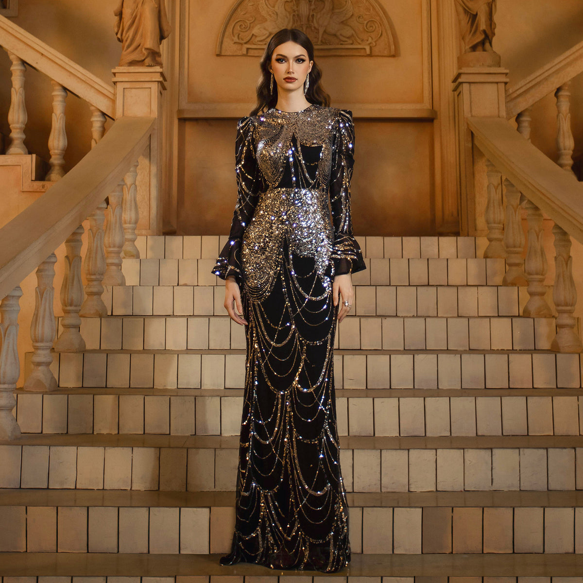 Women's Long Sleeved Round Neck Sheath Sequined Cocktail Fishtail Dress