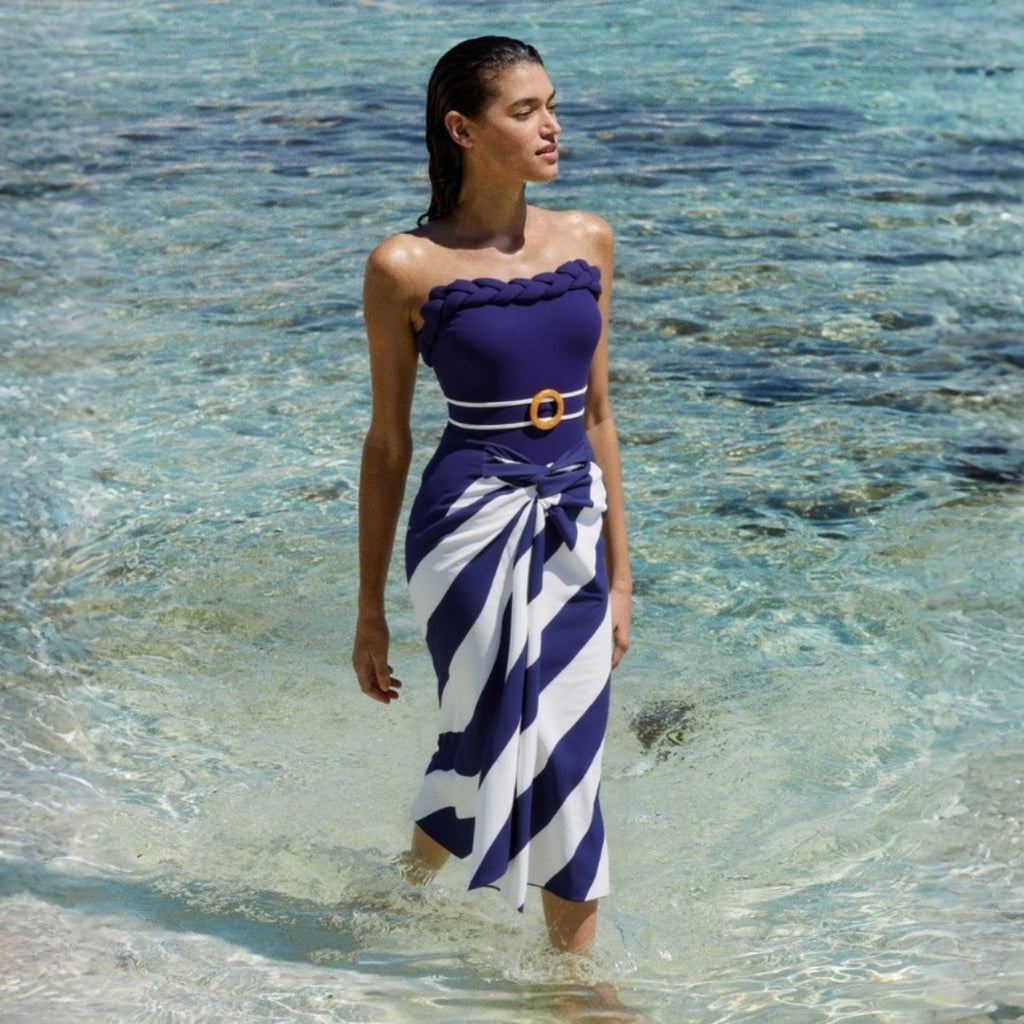 Women's Navy Tube Top One-Piece Swimsuit Set