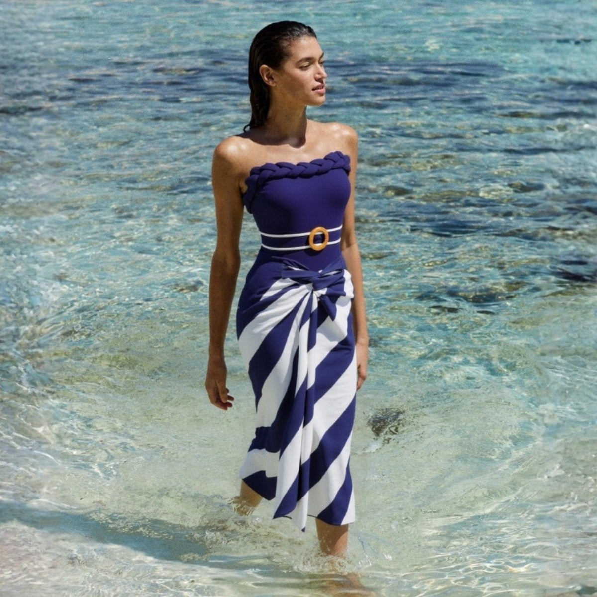 Women's Navy Tube Top One-Piece Swimsuit Set