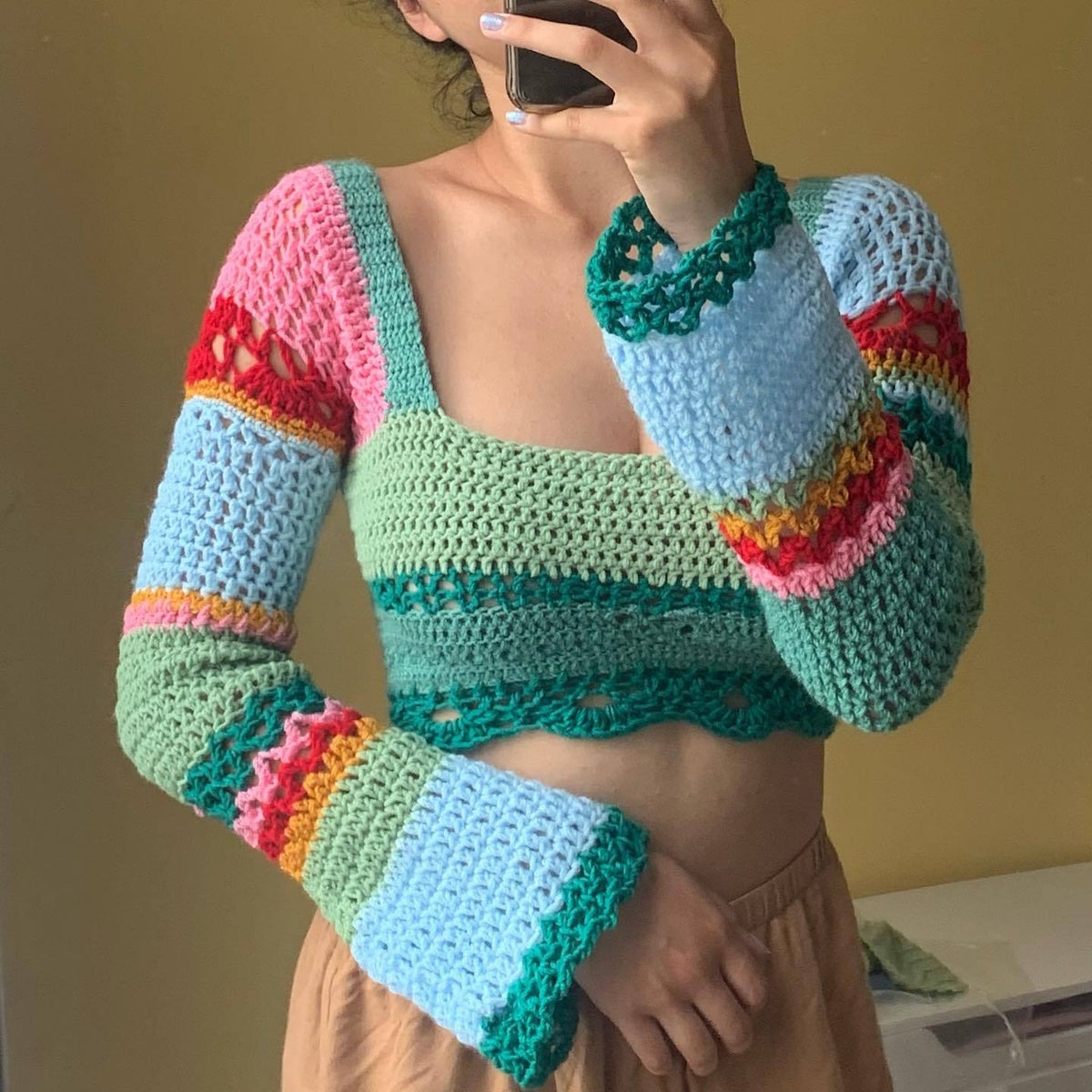 Women's Knitted Sweater Square Collar Color Striped Color Matching Handmade Crochet Long Sleeve Top