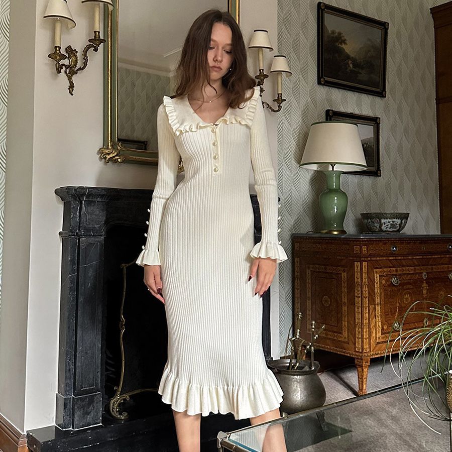Peter-Pan-Collar Ruffle Button Long-Sleeve Knit Bodycon Maxi Dress