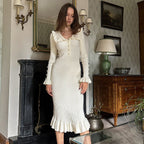 Peter-Pan-Collar Ruffle Button Long-Sleeve Knit Bodycon Maxi Dress