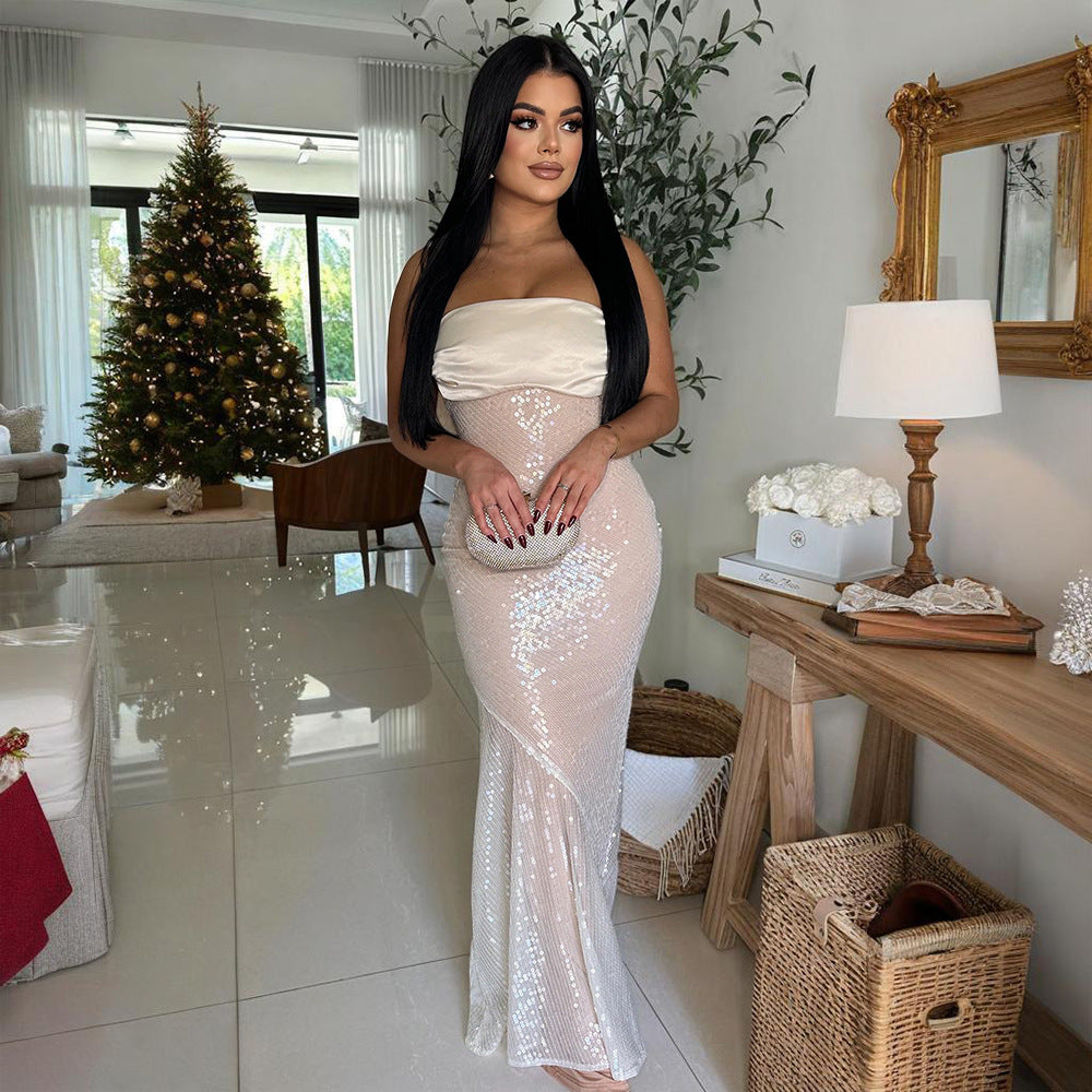 Women's Tube Top Satin Stitching Sequined Fishtail Dress