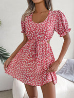 Floral Chiffon Puff Sleeve Cutout Mini Dress