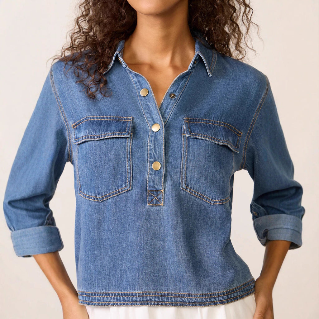 Women's Polo Collar V Neck Pullover Denim Shirt