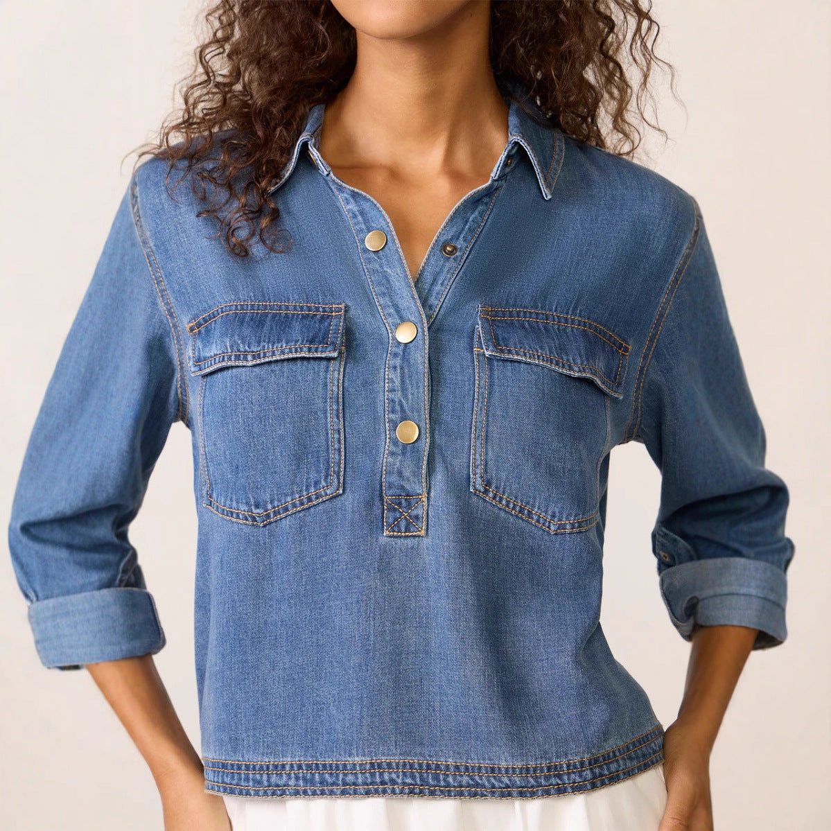 Women's Polo Collar V Neck Pullover Denim Shirt