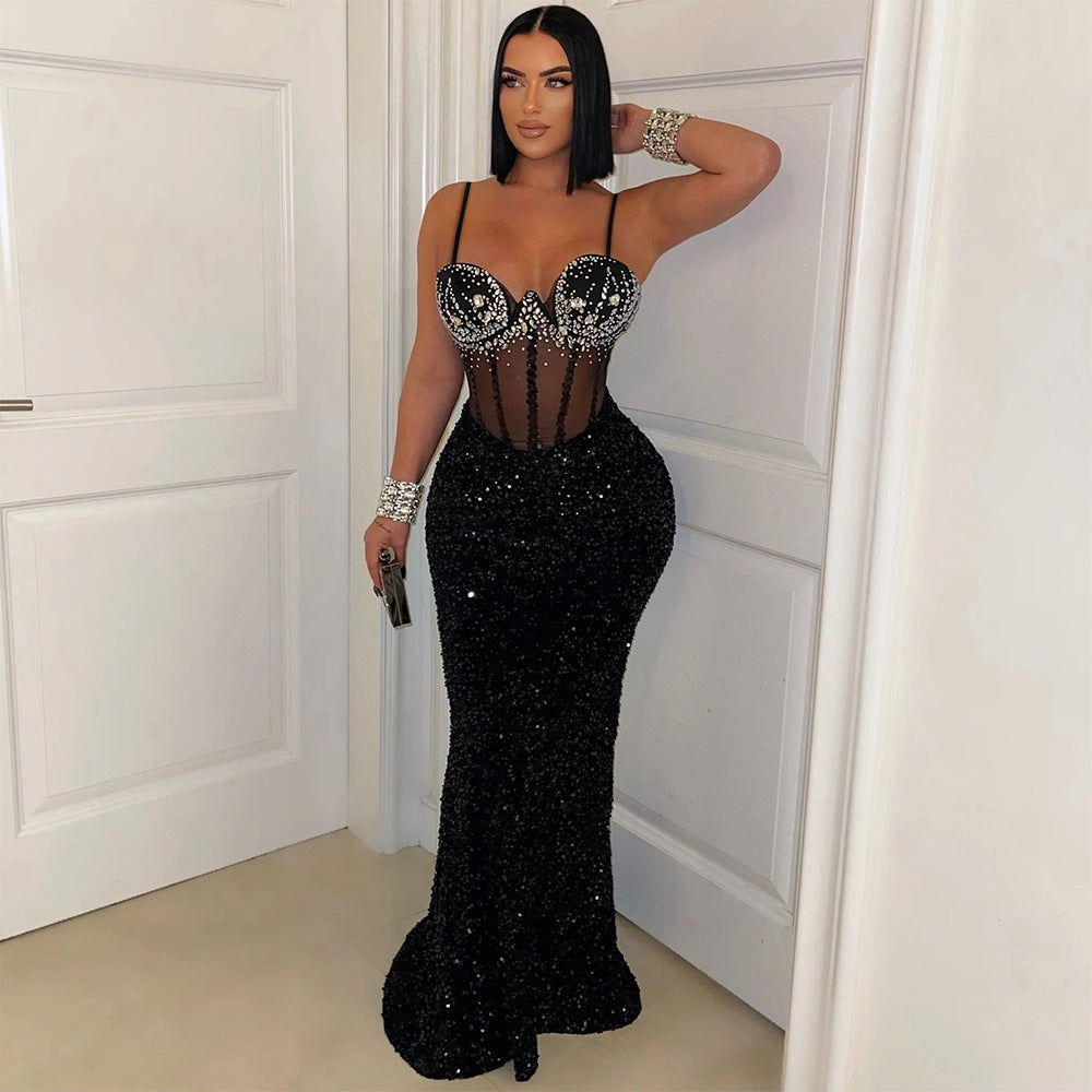 Women's Velvet Sequin Rhinestone Bodycon Maxi Dress