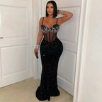 Women's Velvet Sequin Rhinestone Bodycon Maxi Dress