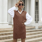 Winter Casual Korean V-Neck Rhombus Plaid Twist Solid-Color Long