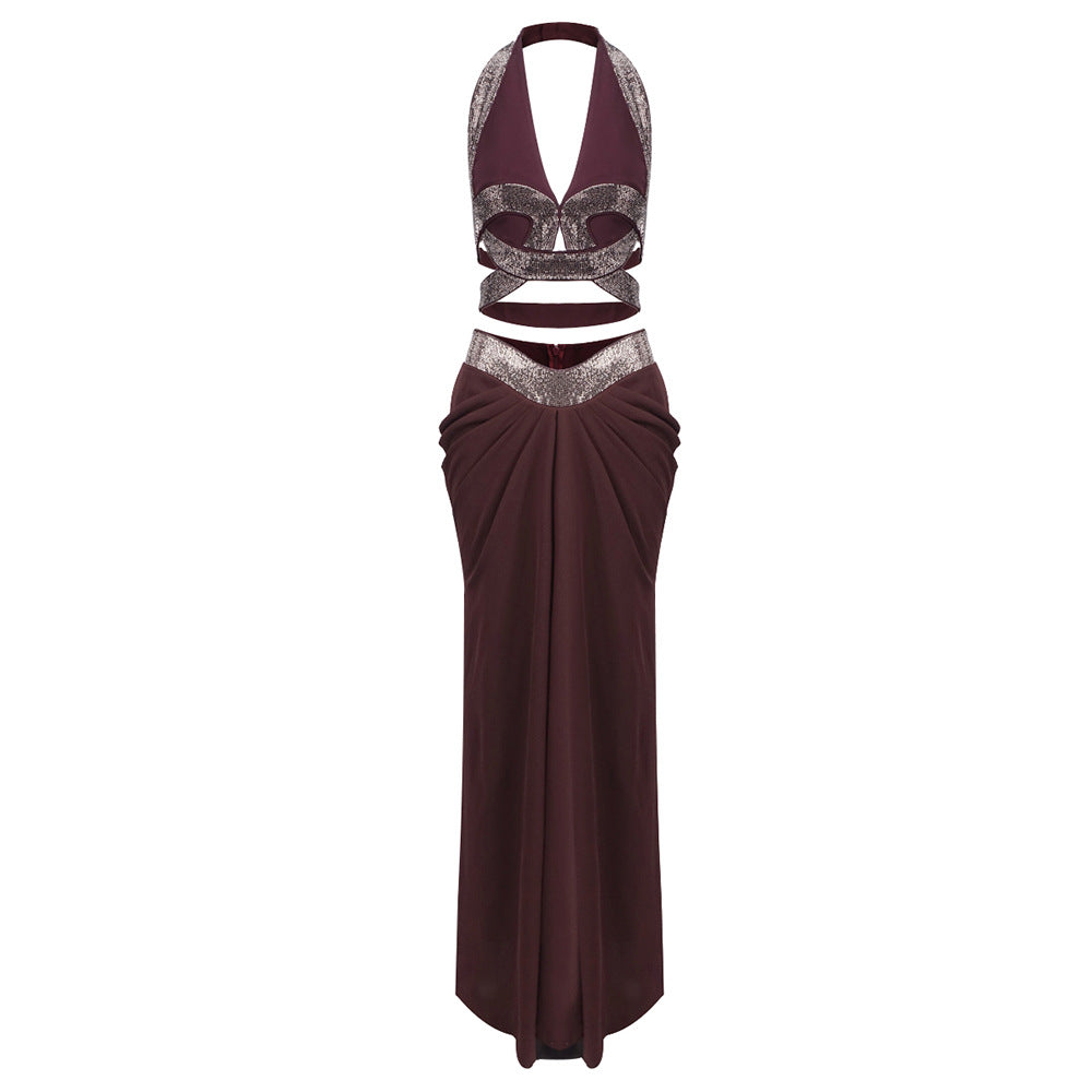 Women's Black Pleated Rhinestone Halter Maxi Dress