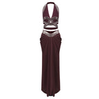 Women's Black Pleated Rhinestone Halter Maxi Dress