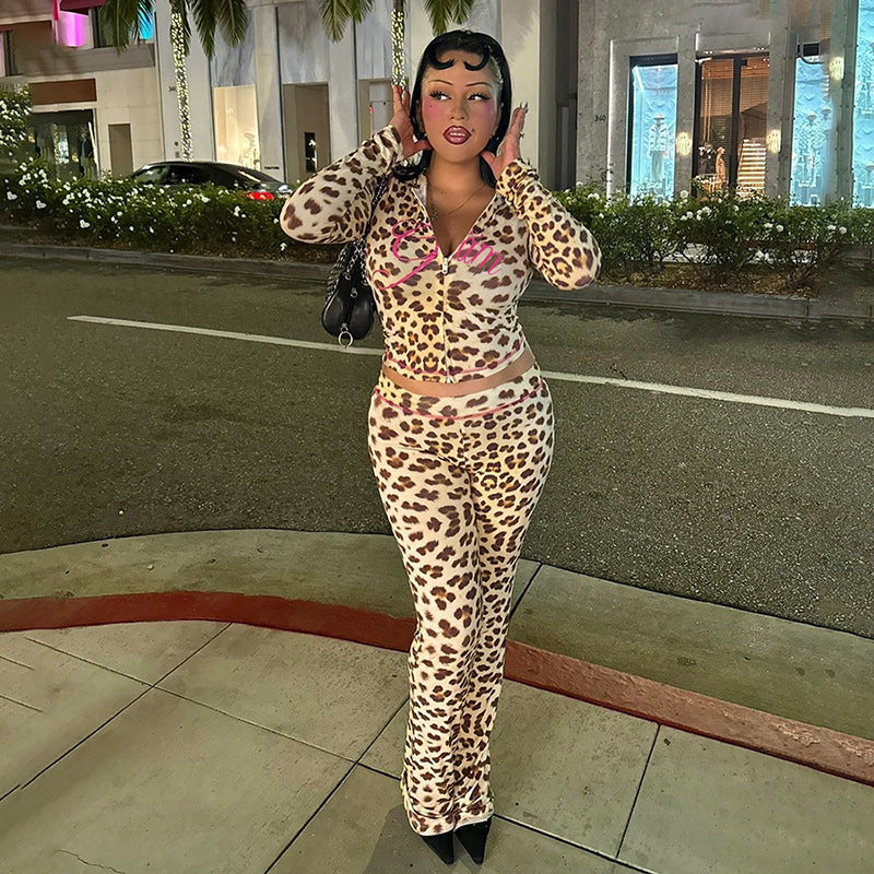 Summer Pattern Print Hooded Cardigan Top Leopard High-Waisted Tight Trousers Suit Set