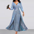 Sequin V-Neck Ruched Long-Sleeve A-Line Maxi Dress