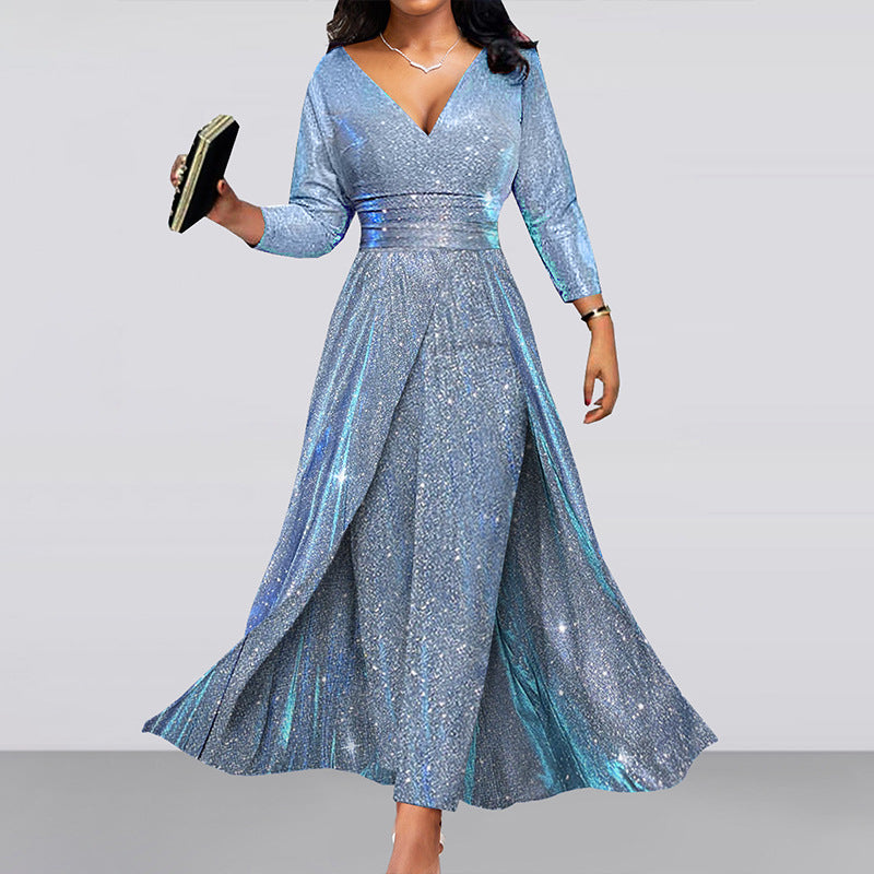 Sequin V-Neck Ruched Long-Sleeve A-Line Maxi Dress