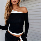 Women's Asymmetric Contrast Long-Sleeve Top