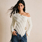 Women's French Texture Oblique Shoulder Bell Sleeve Top Women Irregular Asymmetric Hem Waist Controlled Slimming Long Sleeve T Shirt