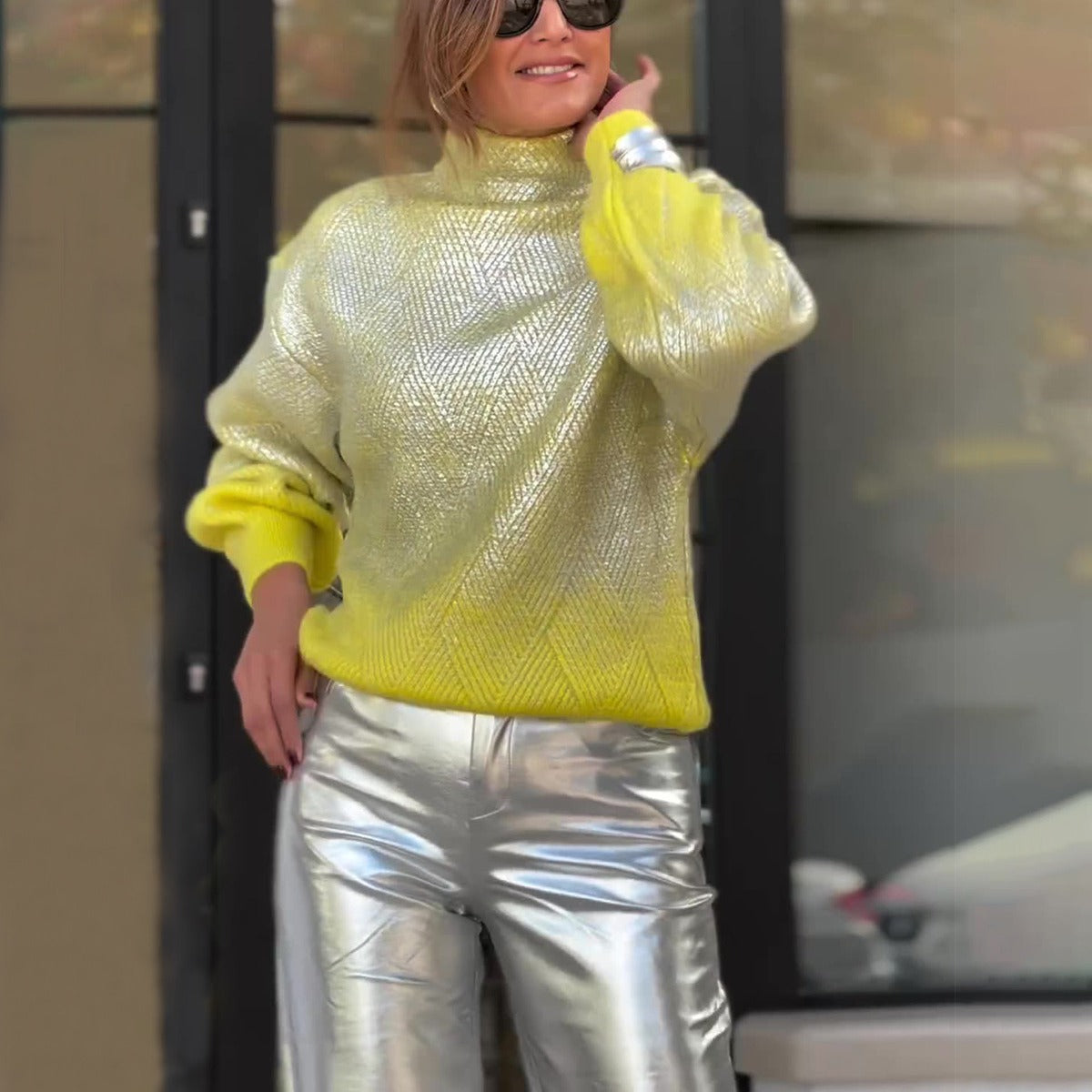 Autumn Turtleneck Gradient Silver Plaid Sweater Pullover Casual