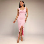 Women's Pink Ruffled Backless Maxi Dress