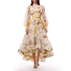 Retro Oil Painting Printing Autumn High Neck Puff Sleeve
