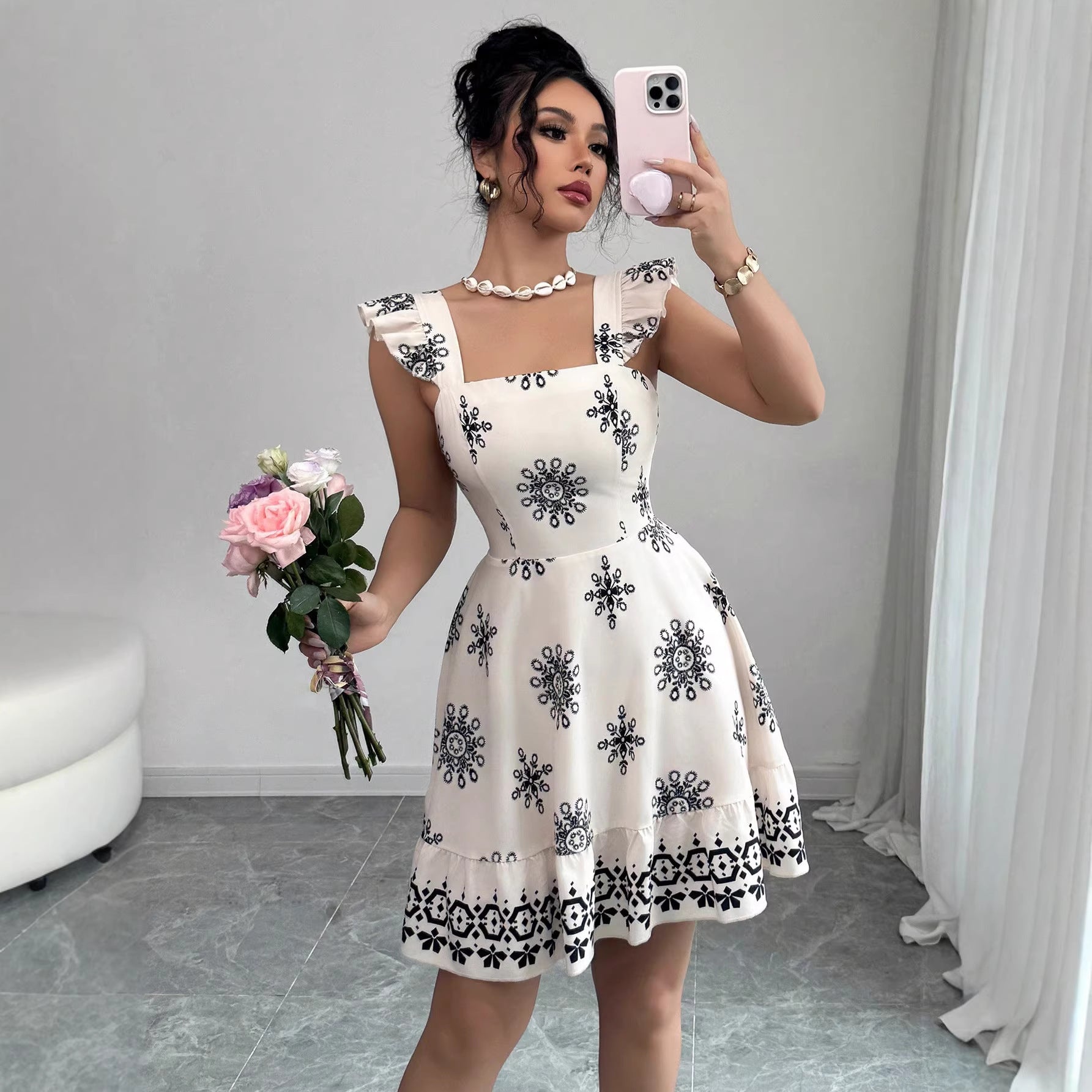 Elegant Multicolor Printing Flying Sleeves A Line Dress