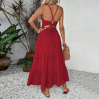 Women's Women's Vintage Red Halter Dress Summer High Waist Backless