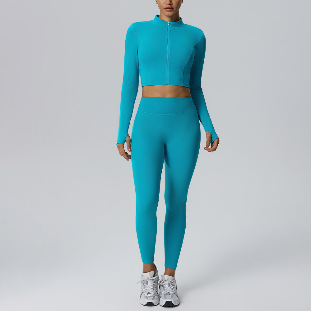 Women's Short Sports Jacket Stand Collar Zipper Slim Fit Quick Drying Long Sleeve Cardigan Outdoor Exercise Yoga Clothes