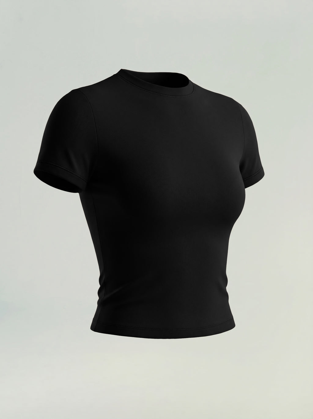 Black short-sleeve athletic compression top with crew neck