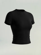 Black short-sleeve athletic compression top with crew neck