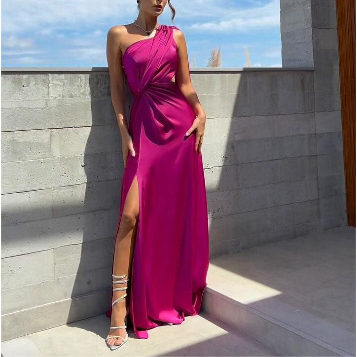 Wear One-Shoulder Pleated Split Satin Dress Elegant Slim Fit