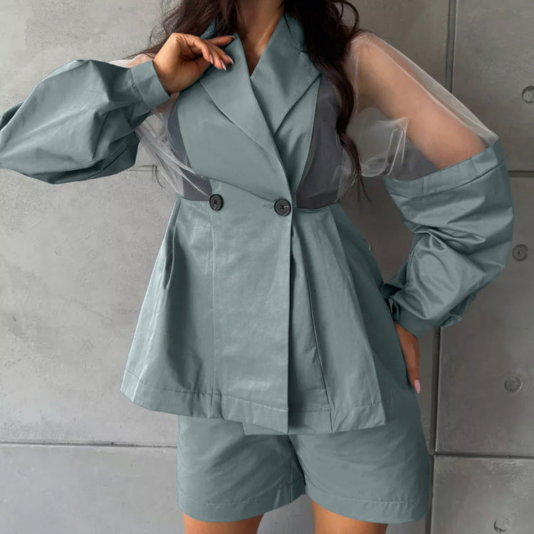 Mesh Collared Cardigan & Shorts Set