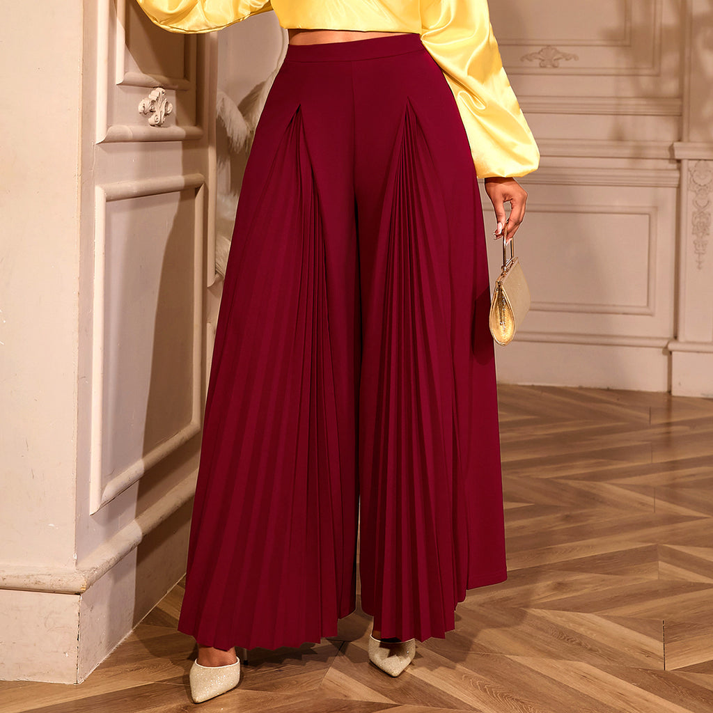 Wine Red HW Pleated WL Pants Draping Loose Slimming