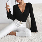 Women's Women V Neck Flared Sleeves Wine Red T Shirt Fall/winter