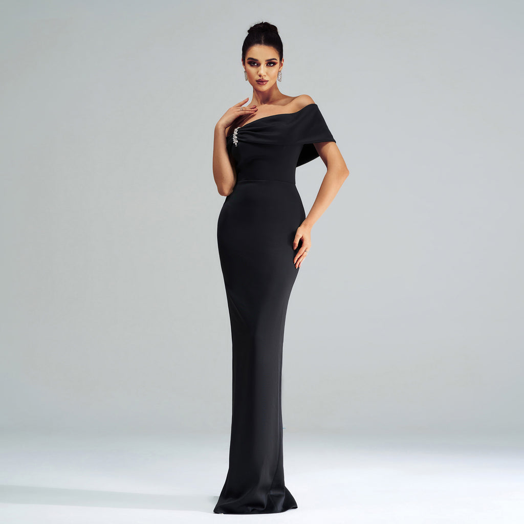Women's Off-Shoulder Rhinestone Slit Evening Maxi Dress