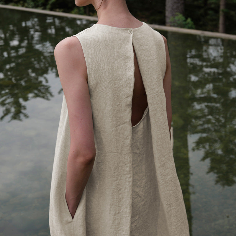 Cotton Linen Sleeveless Backless Maxi Dress