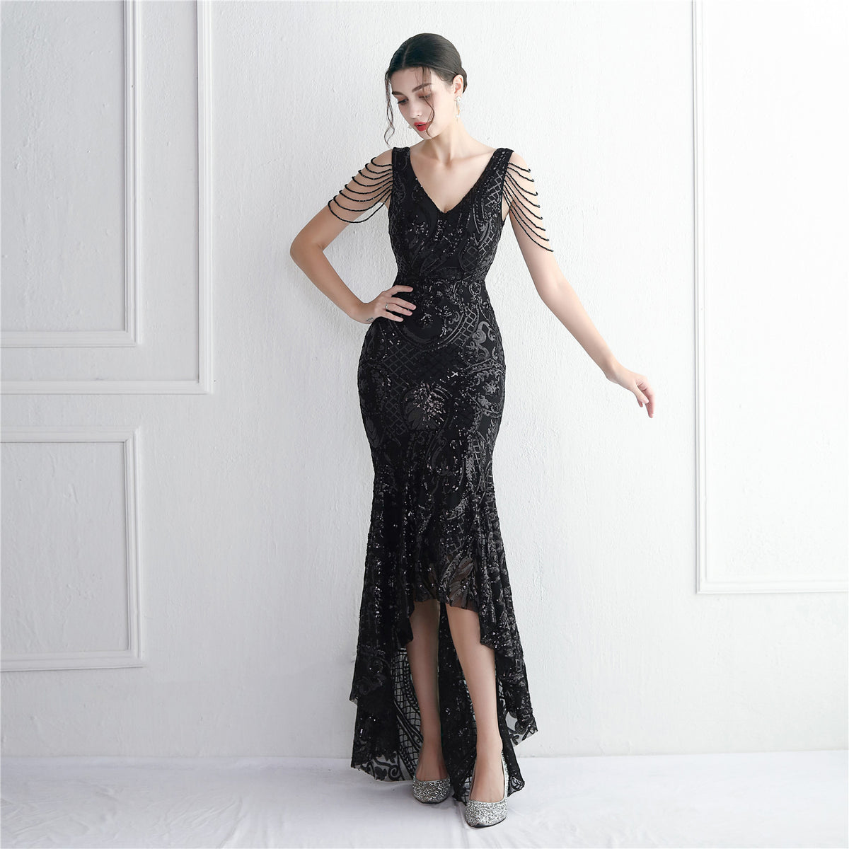 Women's Large Swing Dress Beaded Elegant Long Fishtail Sequin