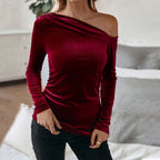 Women's Burgundy Asymmetric Velvet Long Sleeve Top