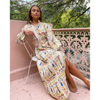 Printed Collared Belted Long-Sleeve A-Line Maxi Dress