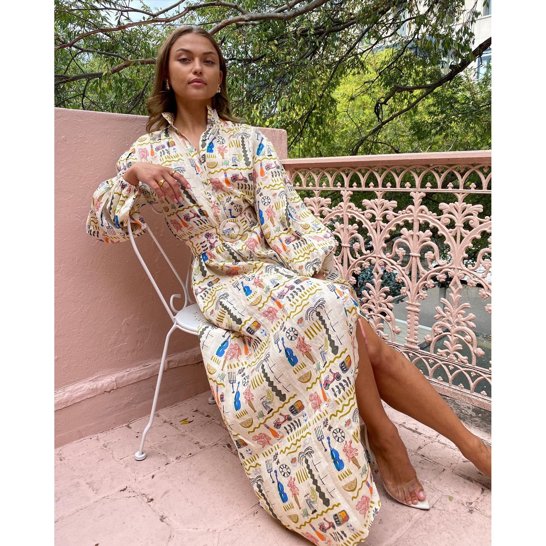 Printed Collared Belted Long-Sleeve A-Line Maxi Dress