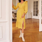 Women's V-Neck Long Sleeve Slit A-Line Midi Dress