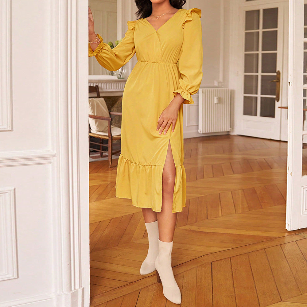 Women's V-Neck Long Sleeve Slit A-Line Midi Dress