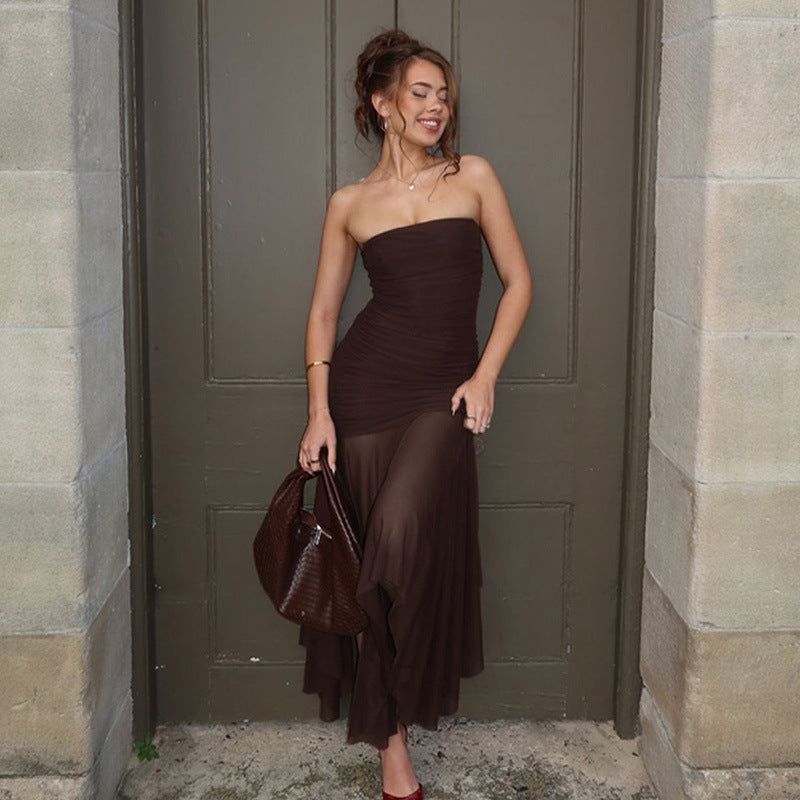 Off-Neck Mesh Stitching Dress