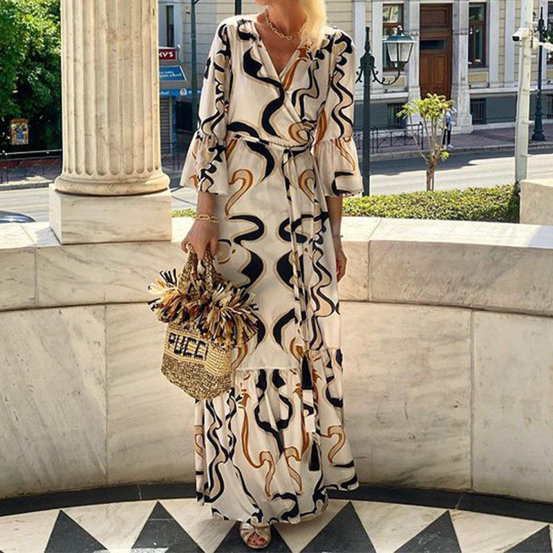 Autumn Long Sleeve Printed Loose Mid Length Holiday Dress