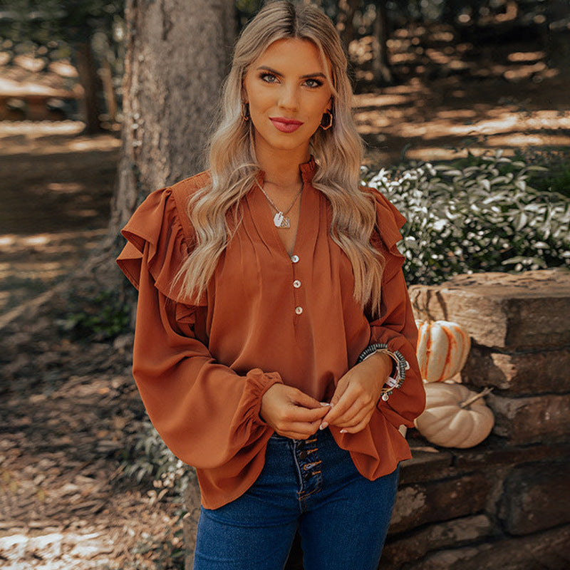 Women's Ruffle Button-Front Blouse – V-Neck Long-Sleeve Top