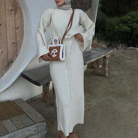 Belted Ribbed Long-Sleeve Knit Maxi Dress
