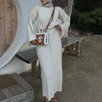 Belted Ribbed Long-Sleeve Knit Maxi Dress