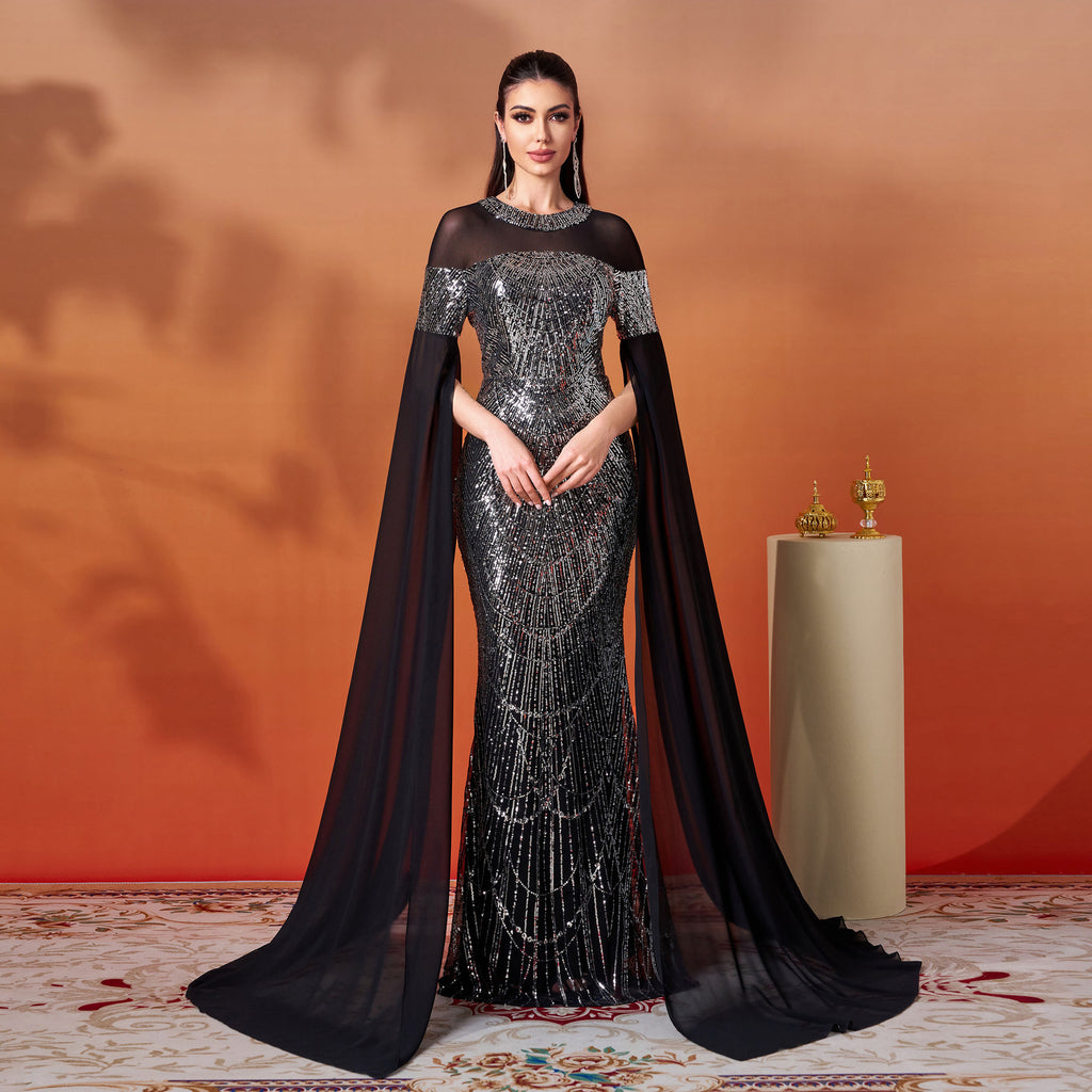 Women's Sequin Long-Sleeve Cutout Evening Maxi Dress