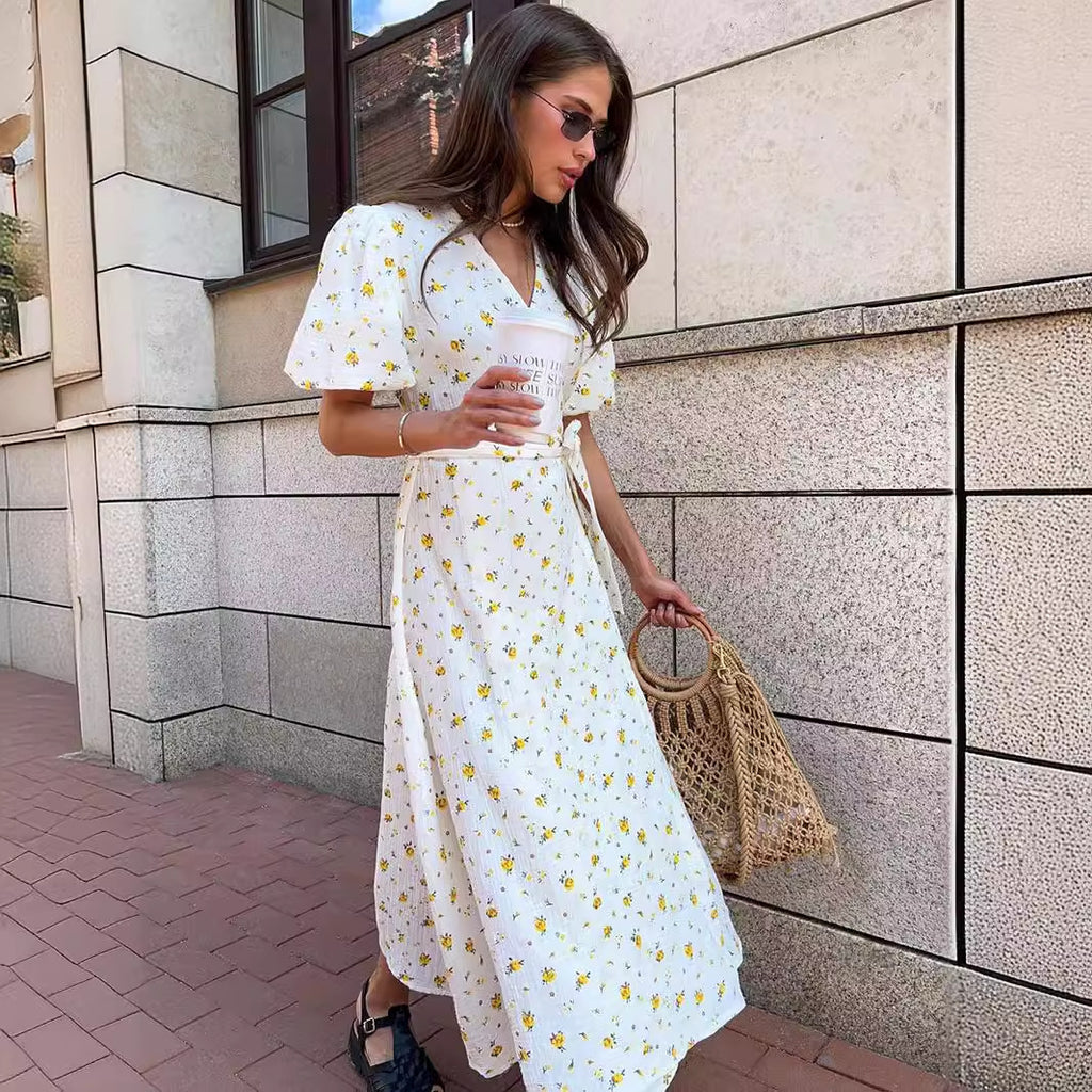 Cotton Floral V-Neck Puff-Sleeve A-Line Maxi Dress
