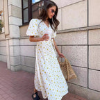 Cotton Floral V-Neck Puff-Sleeve A-Line Maxi Dress