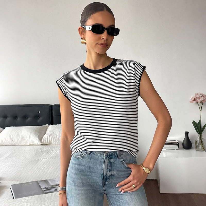 Casual Striped Contrast Color Trim Sleeveless T shirt Women